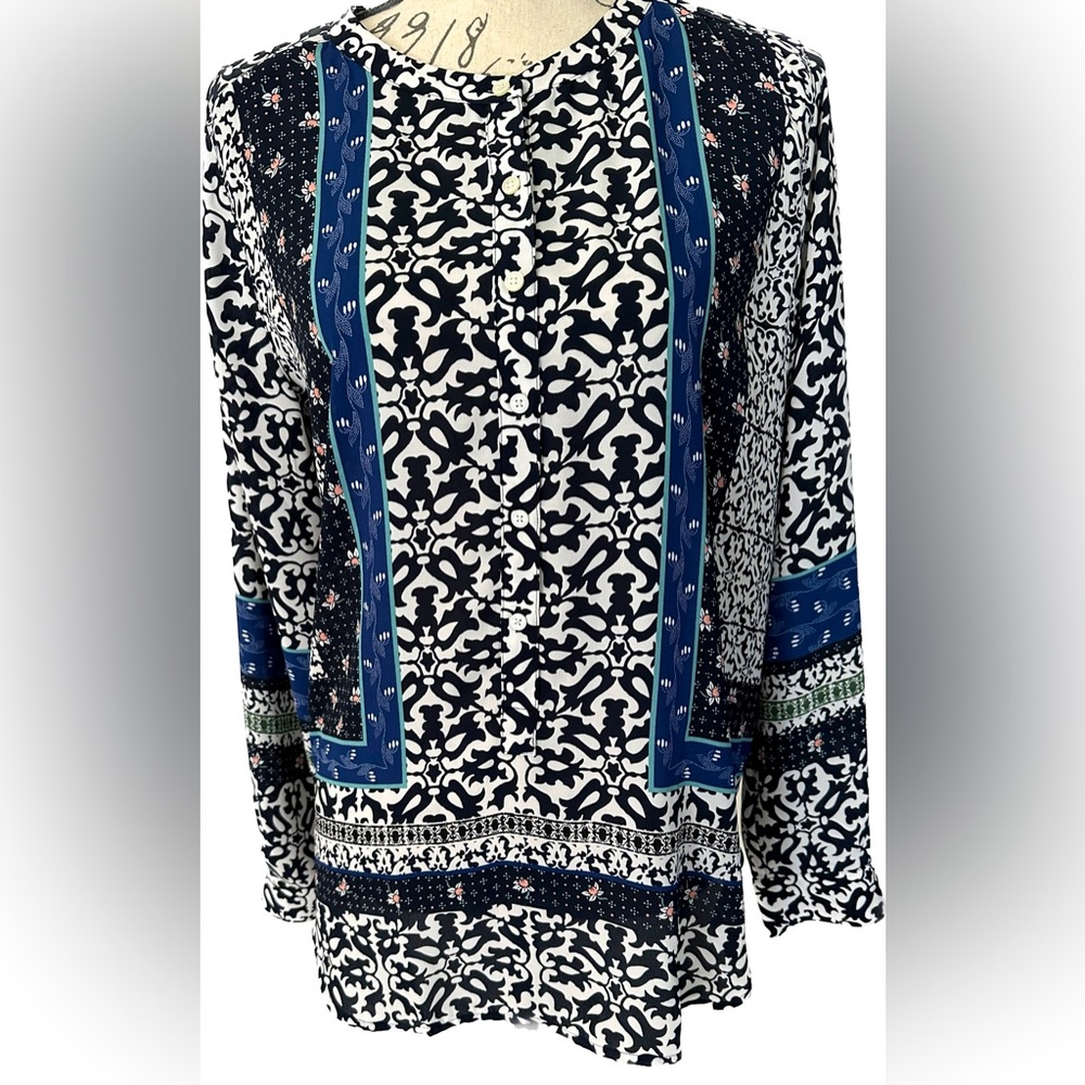 Loft Long Sleeve Blue Boho Print Tunic Top Size medium